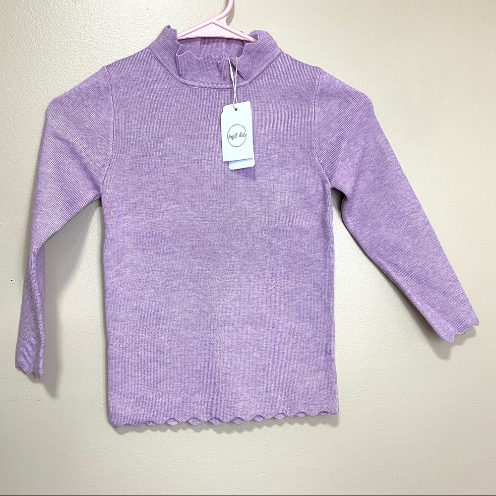 Little girls turtle neck mock-neck scalloped hem long sleeve sweater